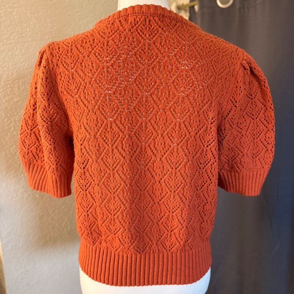 Marled Rust Orange Pointelle Knit Puff Short Sleeve Sweater Top Womens Large - Picture 2 of 8
